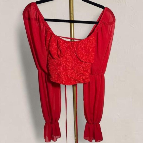 SHEIN Tops - SHEIN Red Lace Corset Crop Top Sheer Puff Sleeve Tie Back Size Large